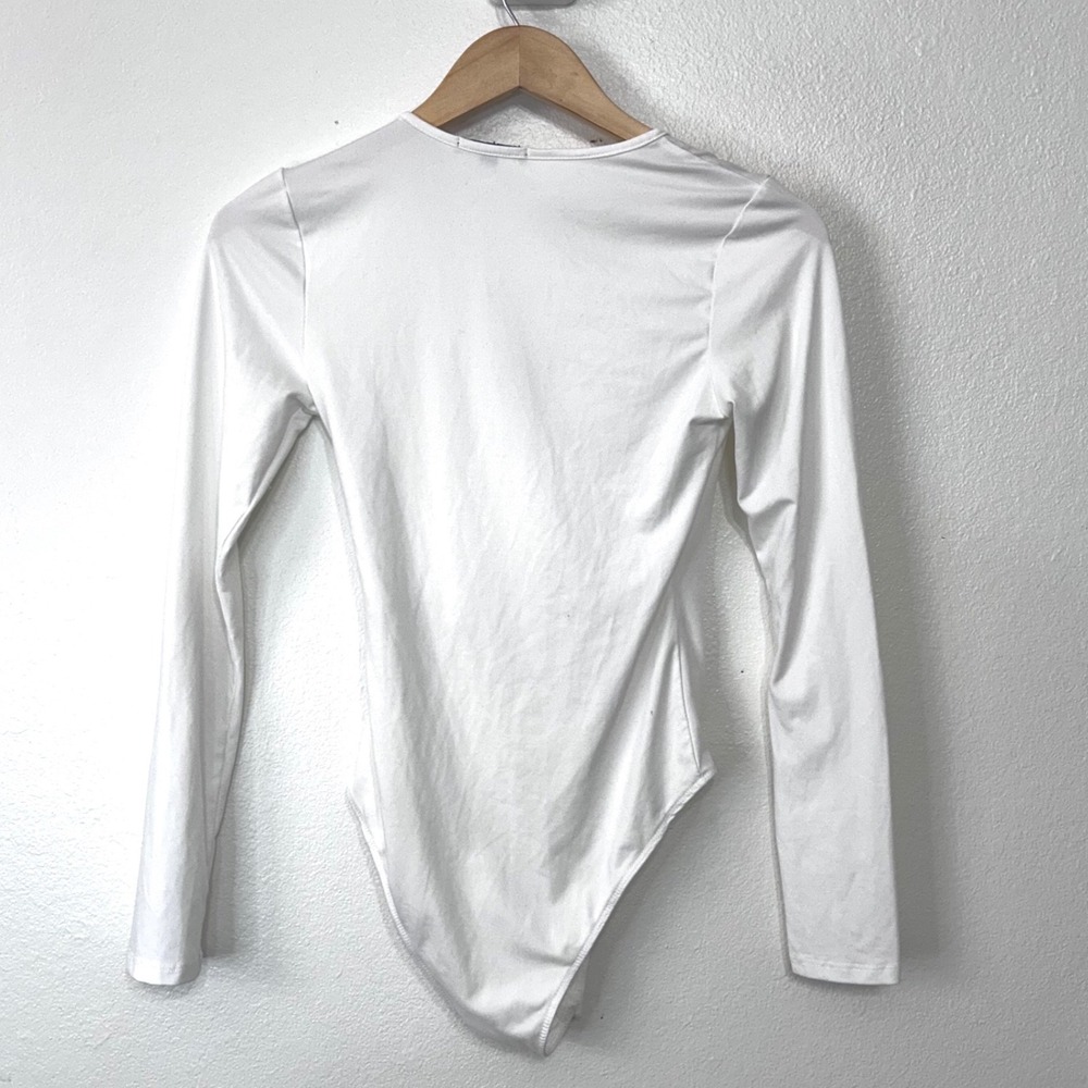 Ambiance Women's S White Long Sleeve Surplice Wrap V-Neck Bodysuit - Picture 2 of 5